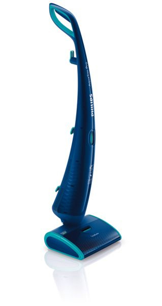 Blauer Philips AquaTrio Pro Staubsauger. Er hat einen Griff, einen Reinigungskopf und teal Akzente.
