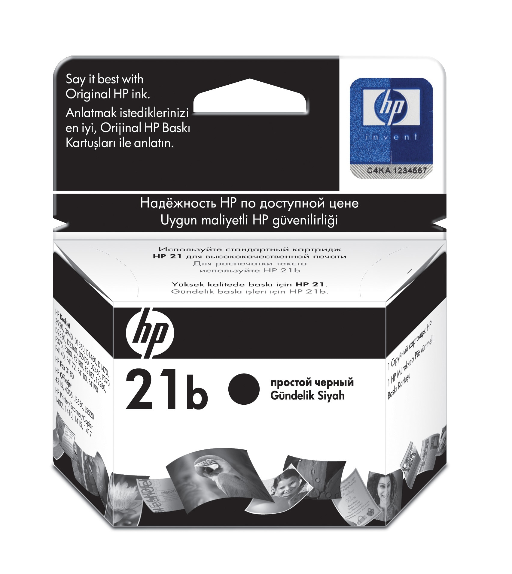 HP 21b schwarze Tintenpatrone, Verpackung mit Nahaufnahme.