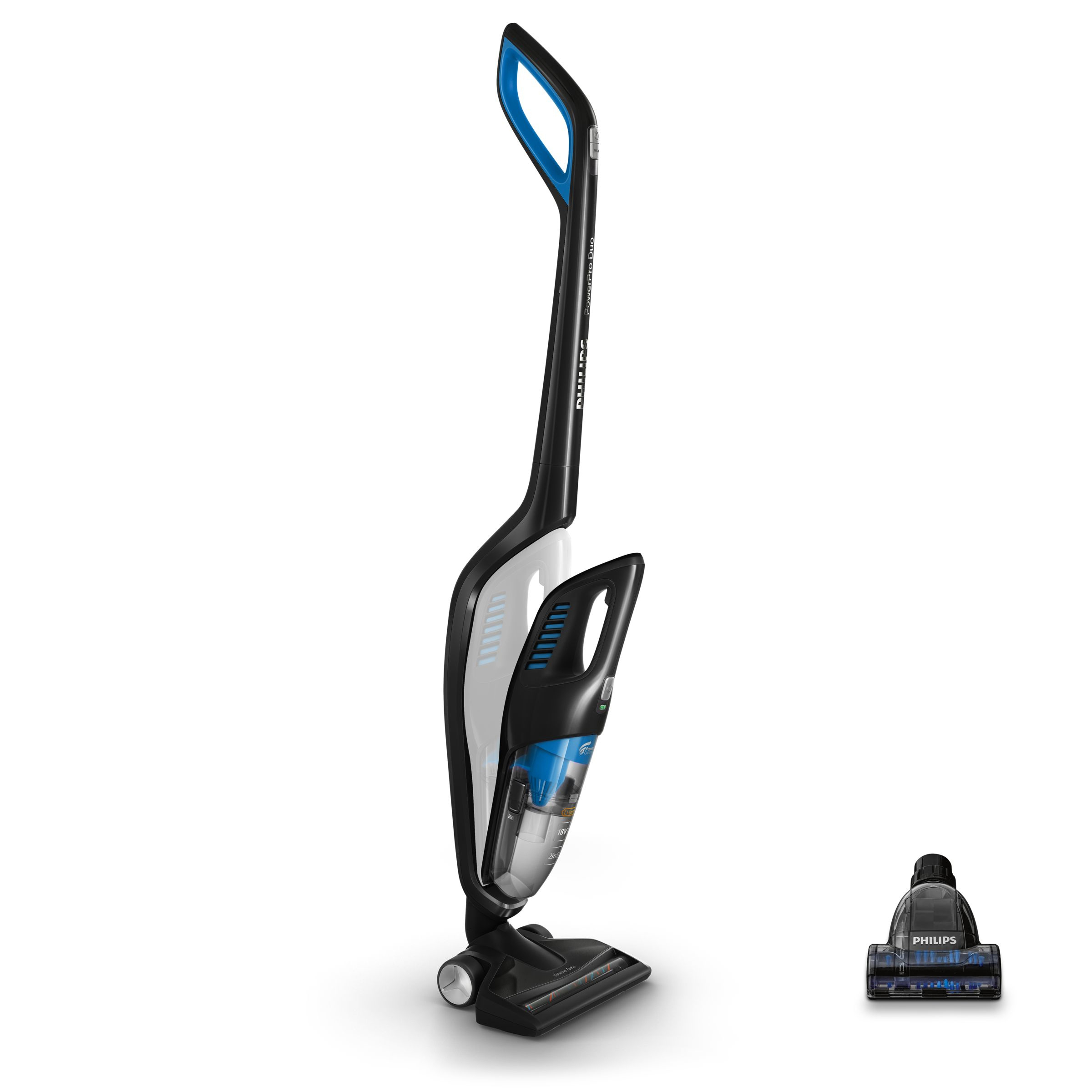 Schwarz-weißer Philips Staubsauger mit blauen Akzenten, der auf weißem Hintergrund steht. Darunter ein kleinerer Bürstenkopf.