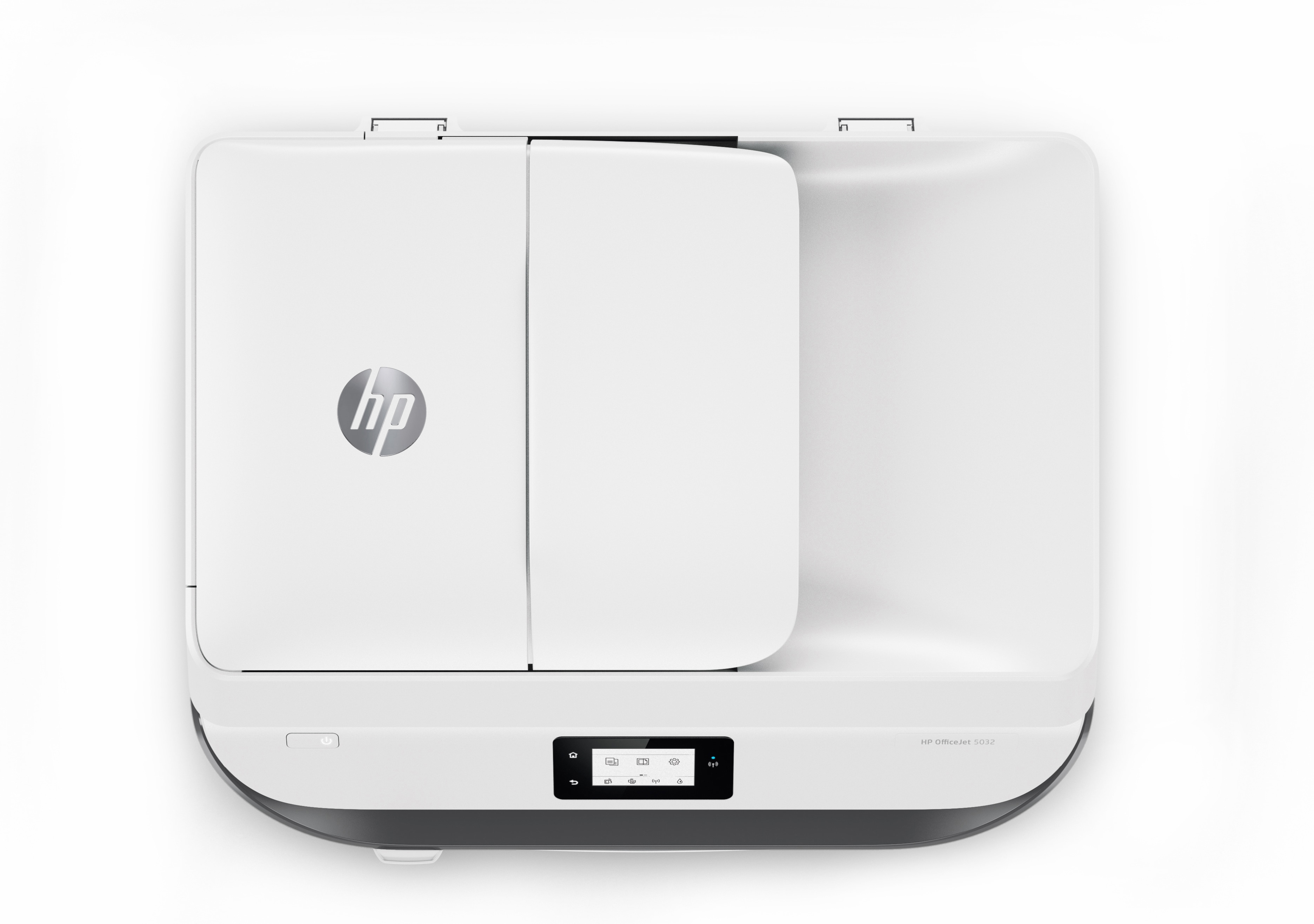 Eine Draufsicht auf einen weißen HP-Drucker mit Touchscreen-Display und HP-Logo.