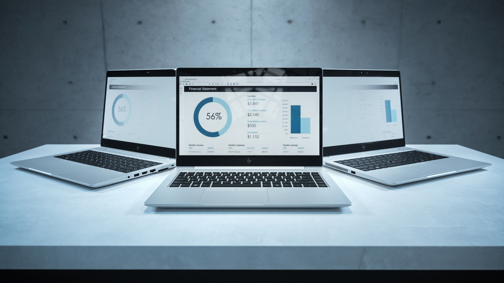 Drei Laptops auf einer weißen Oberfläche. Sie zeigen Finanzberichte an. Der Hintergrund ist eine Betonwand.