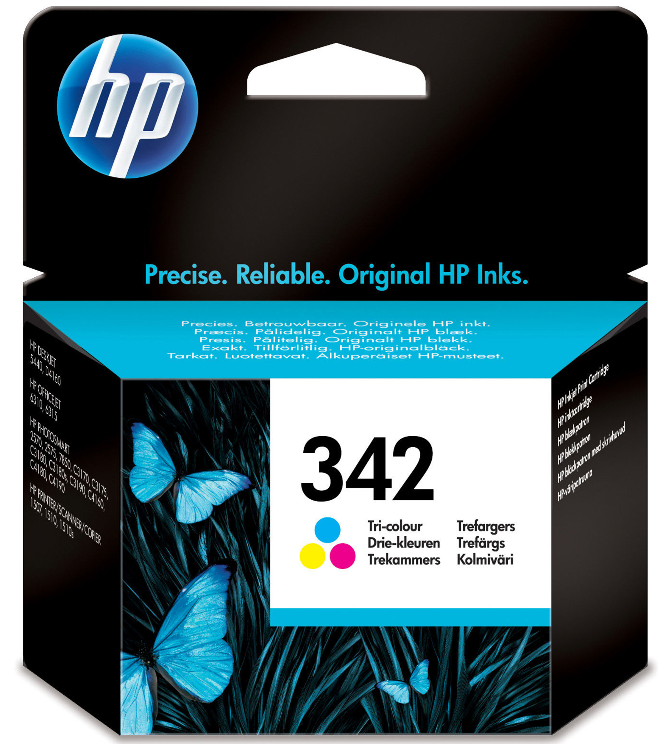 HP Tintenpatronenbox mit Schmetterlingsbildern und Produktdetails.
