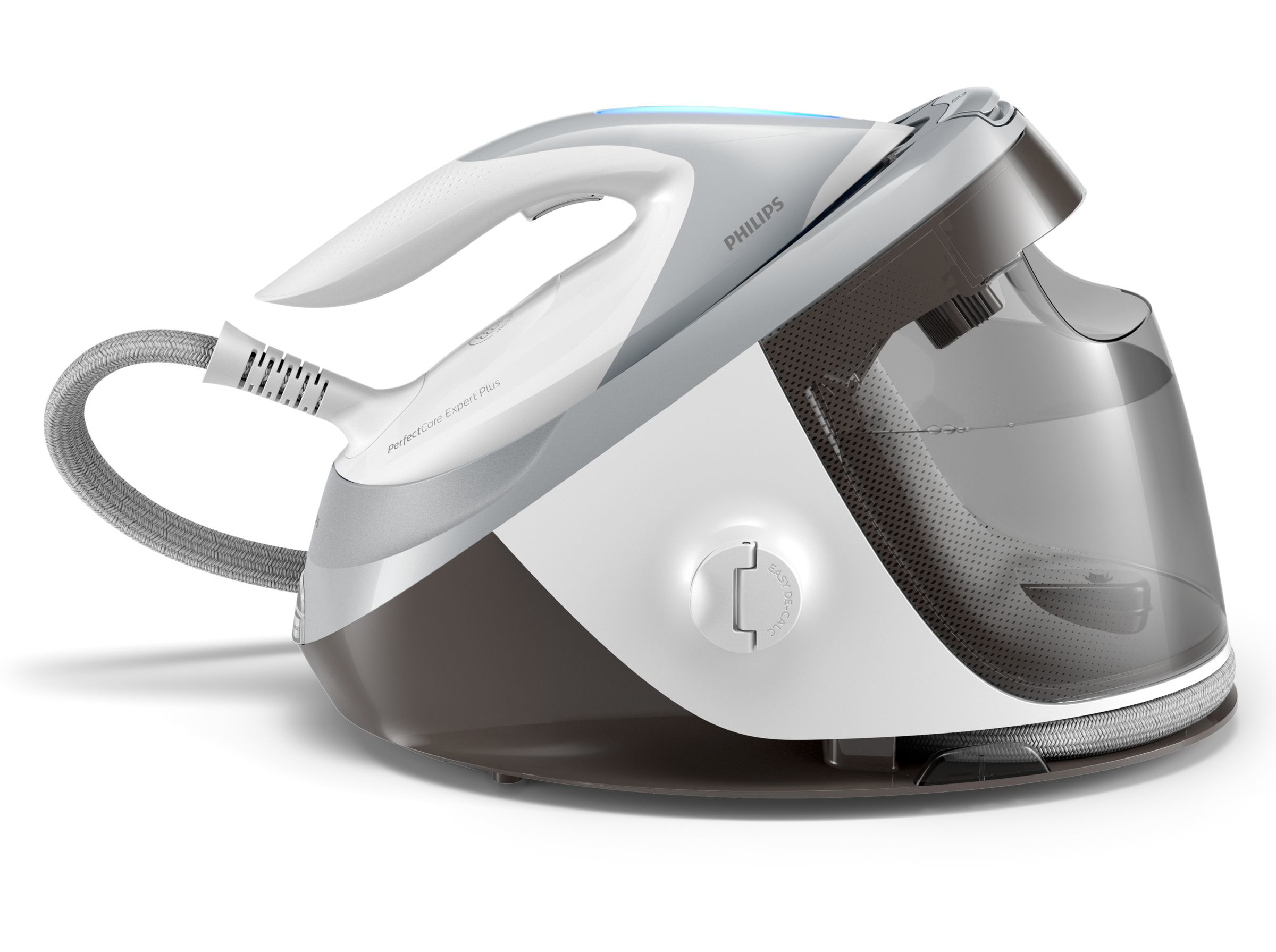 Ein weißes und graues Philips PerfectCare Expert Plus Dampfbügeleisen auf weißem Hintergrund.