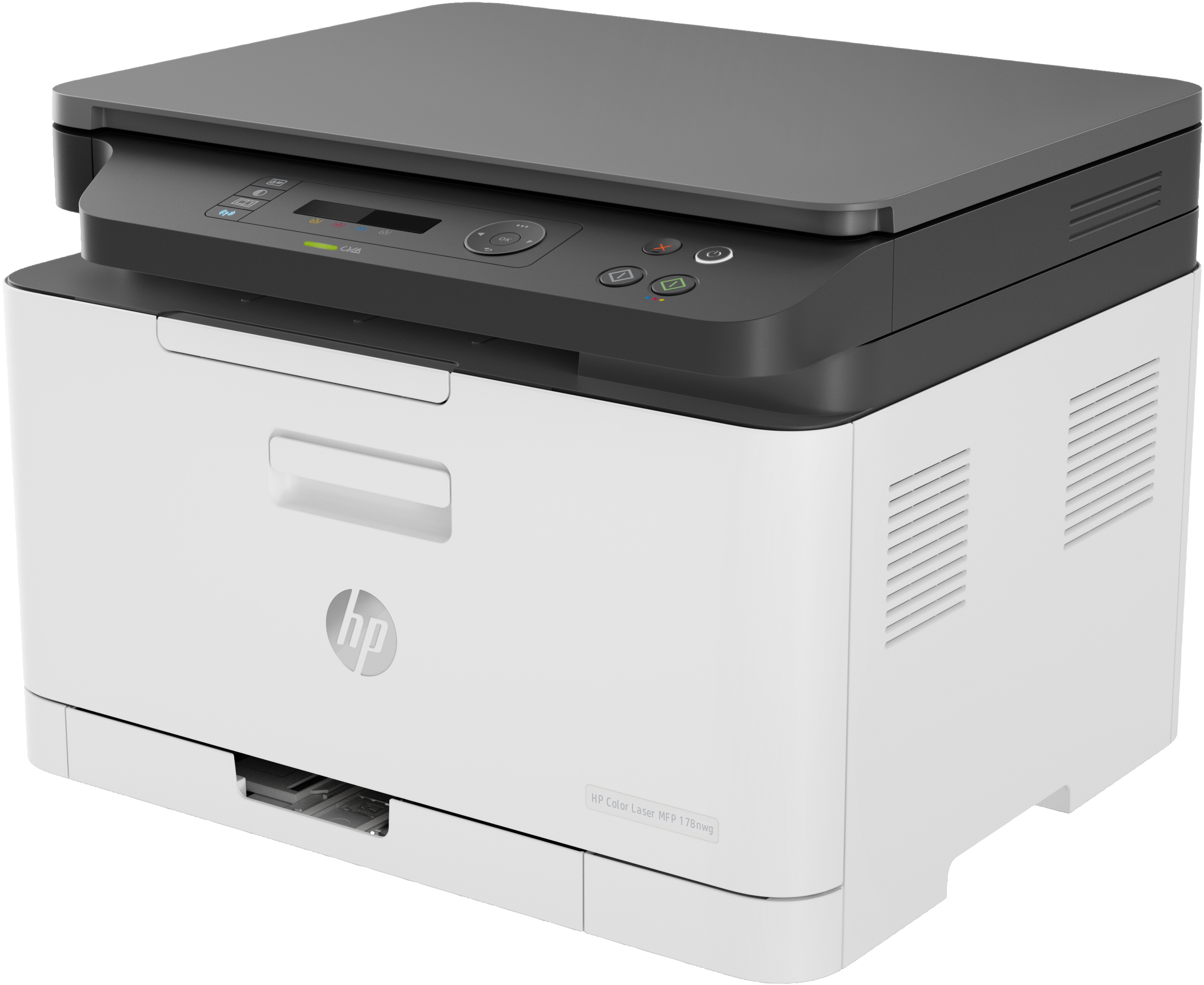 Weißer und schwarzer HP-Farblaserdrucker. Der Drucker befindet sich auf weißem Hintergrund.