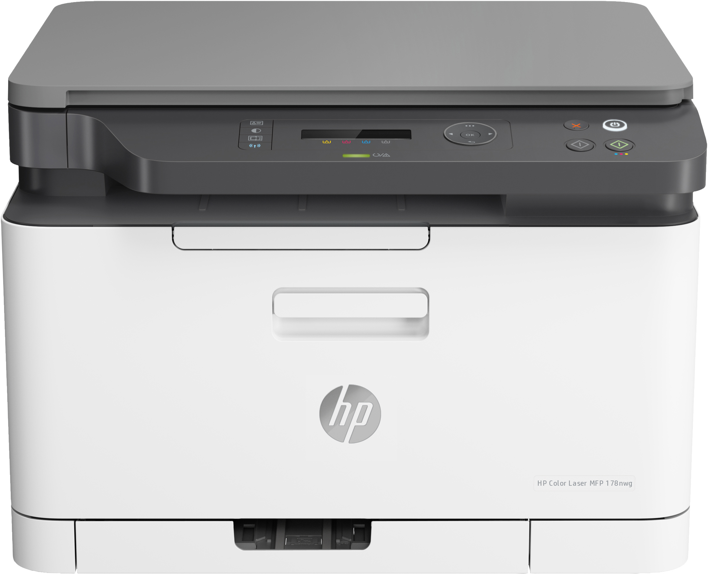 Weißer und grauer HP-Drucker mit Bedienfeld oben. Das HP-Logo ist sichtbar.