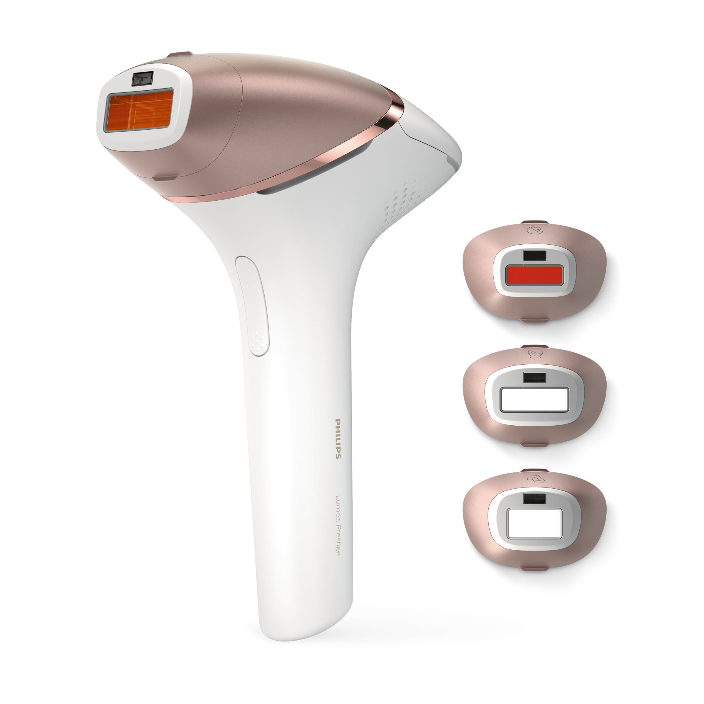 Ein Philips Lumea Prestige-Gerät mit drei verschiedenen Behandlungsköpfen, alle weiß und roségold.