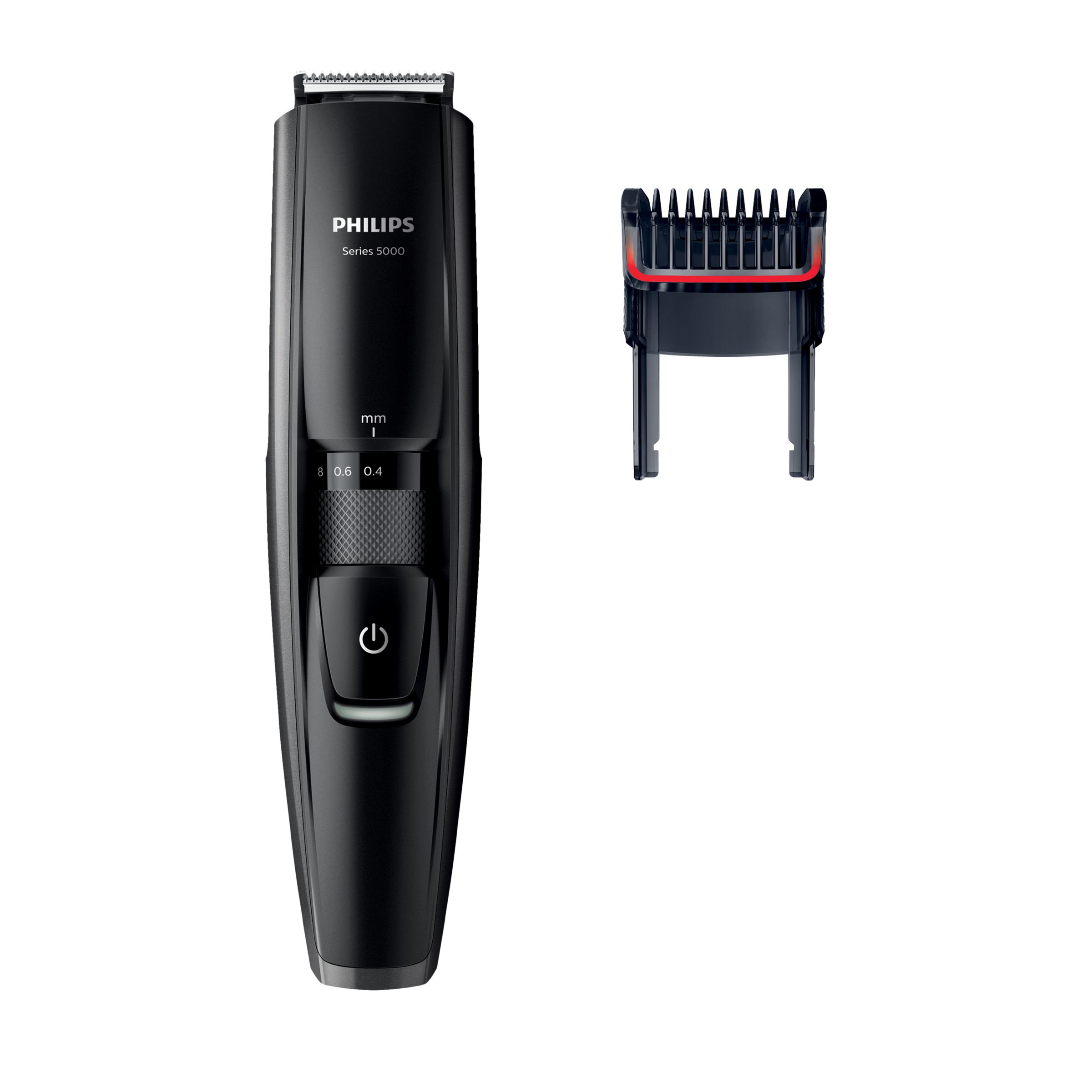 Schwarzer Philips Series 5000 Barttrimmer. Mit Rad, Ein-/Aus-Taste und abnehmbarem Trimmerkopf.