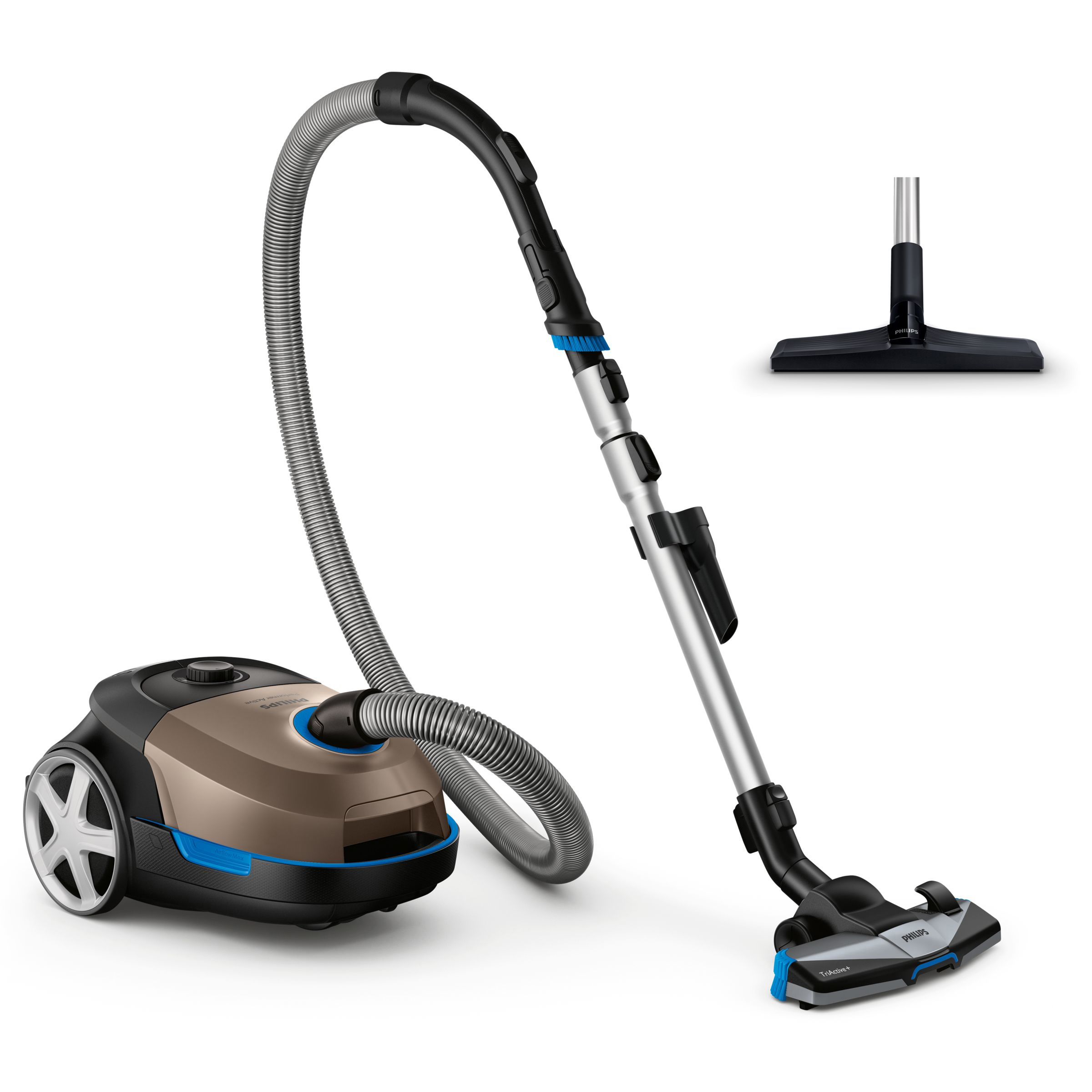 Ein moderner, braun-blauer Philips Staubsauger mit langem Schlauch und Aufsätzen.