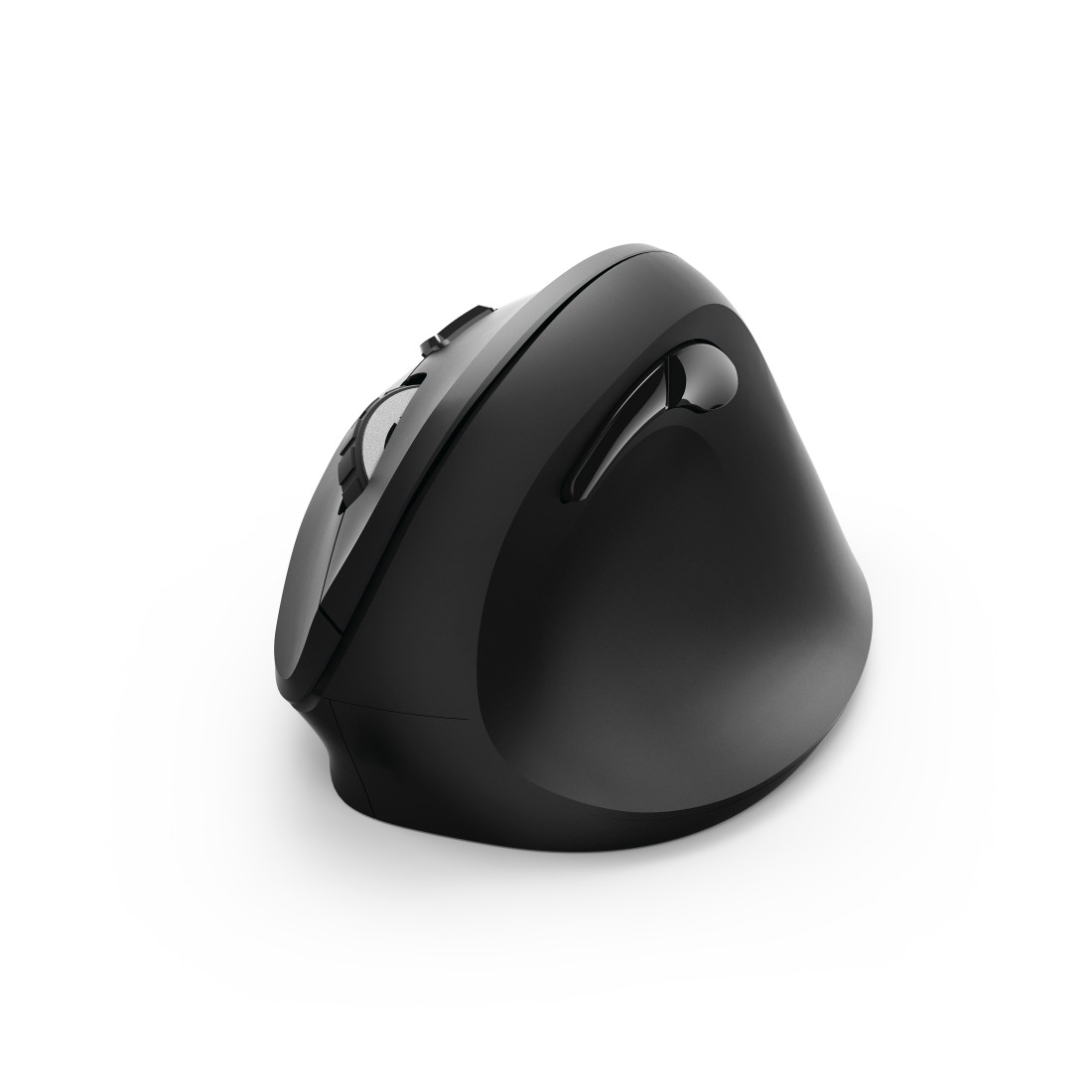 A black ergonomic mouse on a white background. The mouse has a curved design.
