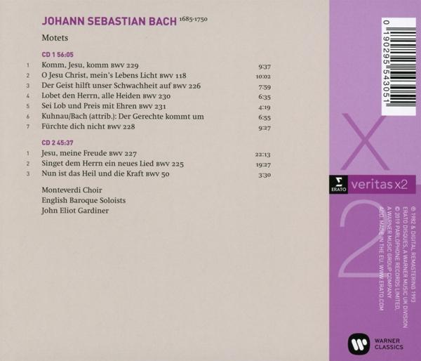 CD-Cover von Johann Sebastian Bachs Motetten, mit Titelliste und einem violett getönten Hintergrund.