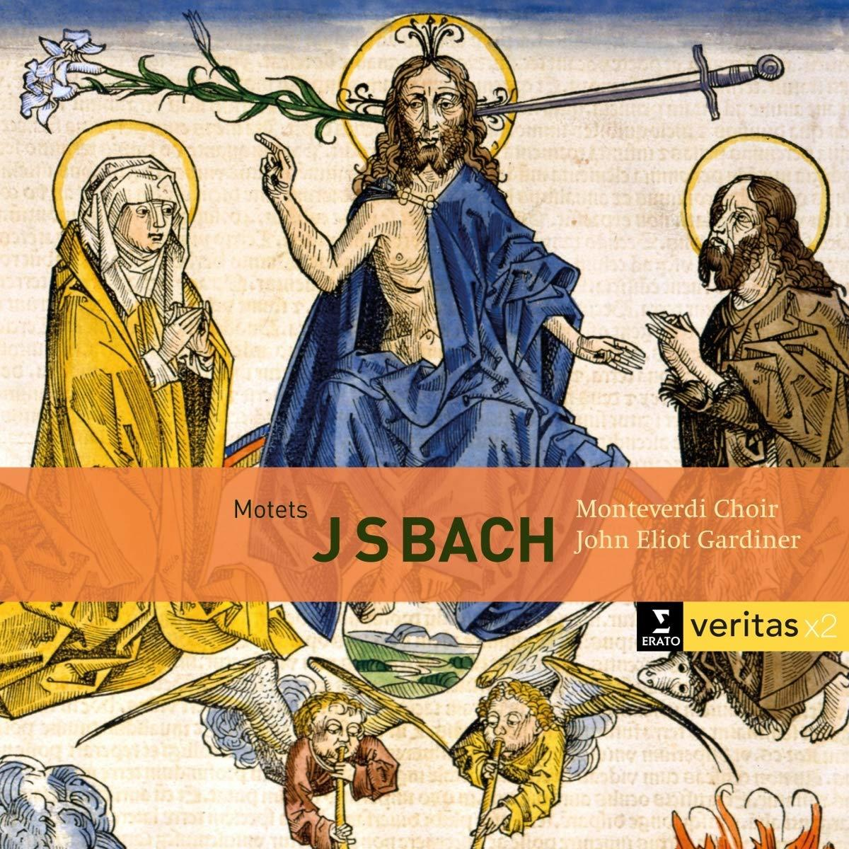Albumcover mit religiösem Kunstwerk: Jesus, Engel und Text: 'JS Bach', 'Motets'.