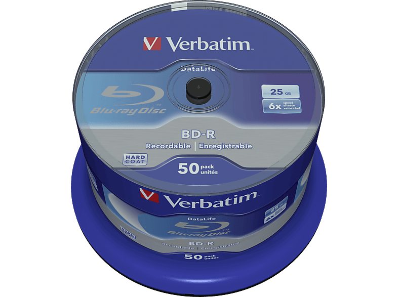1x50 6x Datalife BD-R VERBATIM 25GB Blu-ray Speed No-ID Discs Cakebox