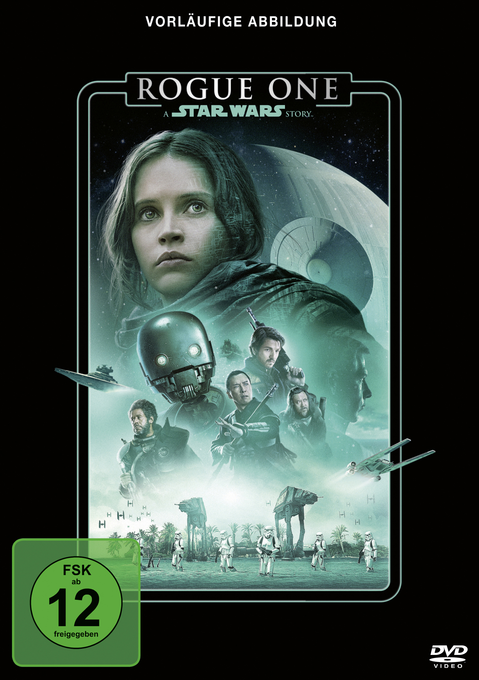 DVD-Cover für 'Rogue One: A Star Wars Story' mit einer Frau im Fokus. Enthält Star Wars-Logo und Filmtitel.