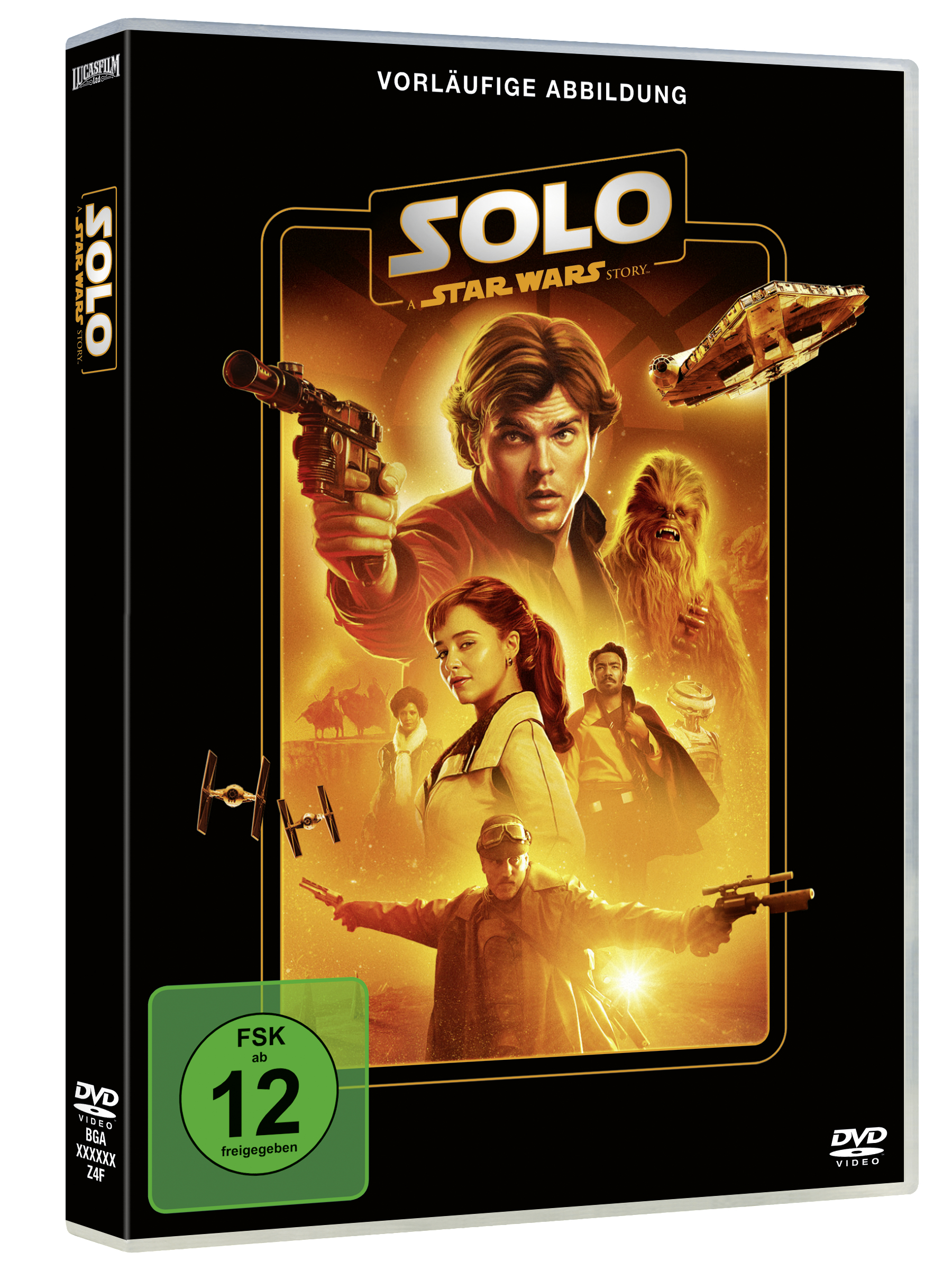 DVD-Cover des Films Solo: A Star Wars Story, mit Charakterbildern und Titeltext.