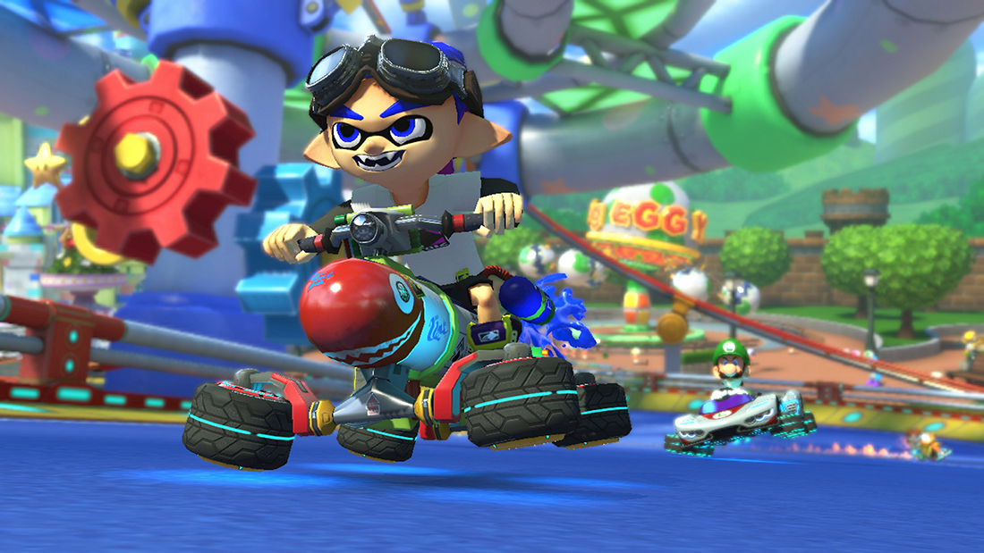 Geanimeerde scène met een videogamekarakter die in een kart op een racebaan rijdt.