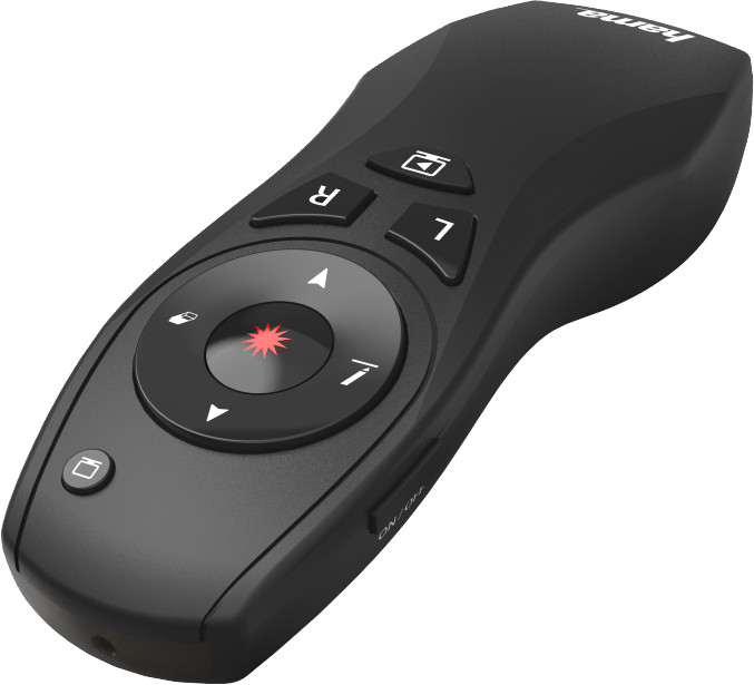 Une télécommande de présentation noire avec des boutons et un pointeur laser.