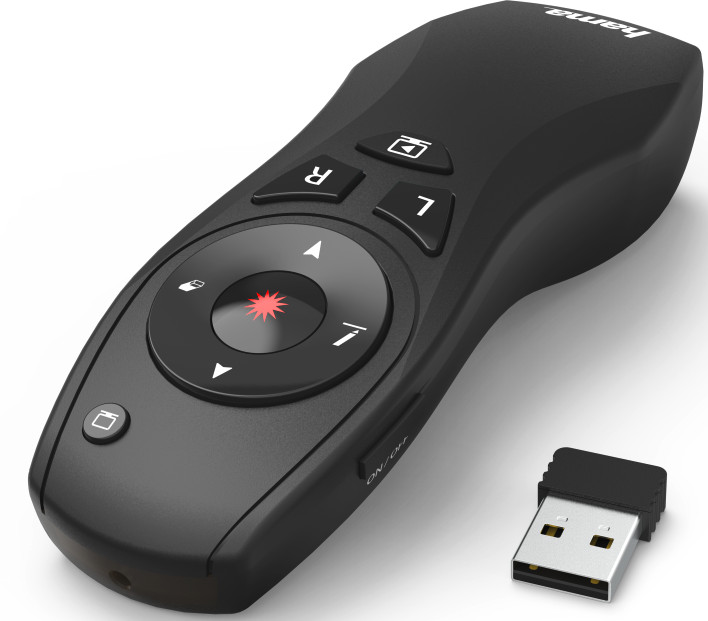 Une télécommande de présentation noire avec des boutons et un récepteur USB. Boutons R, L et autres symboles.