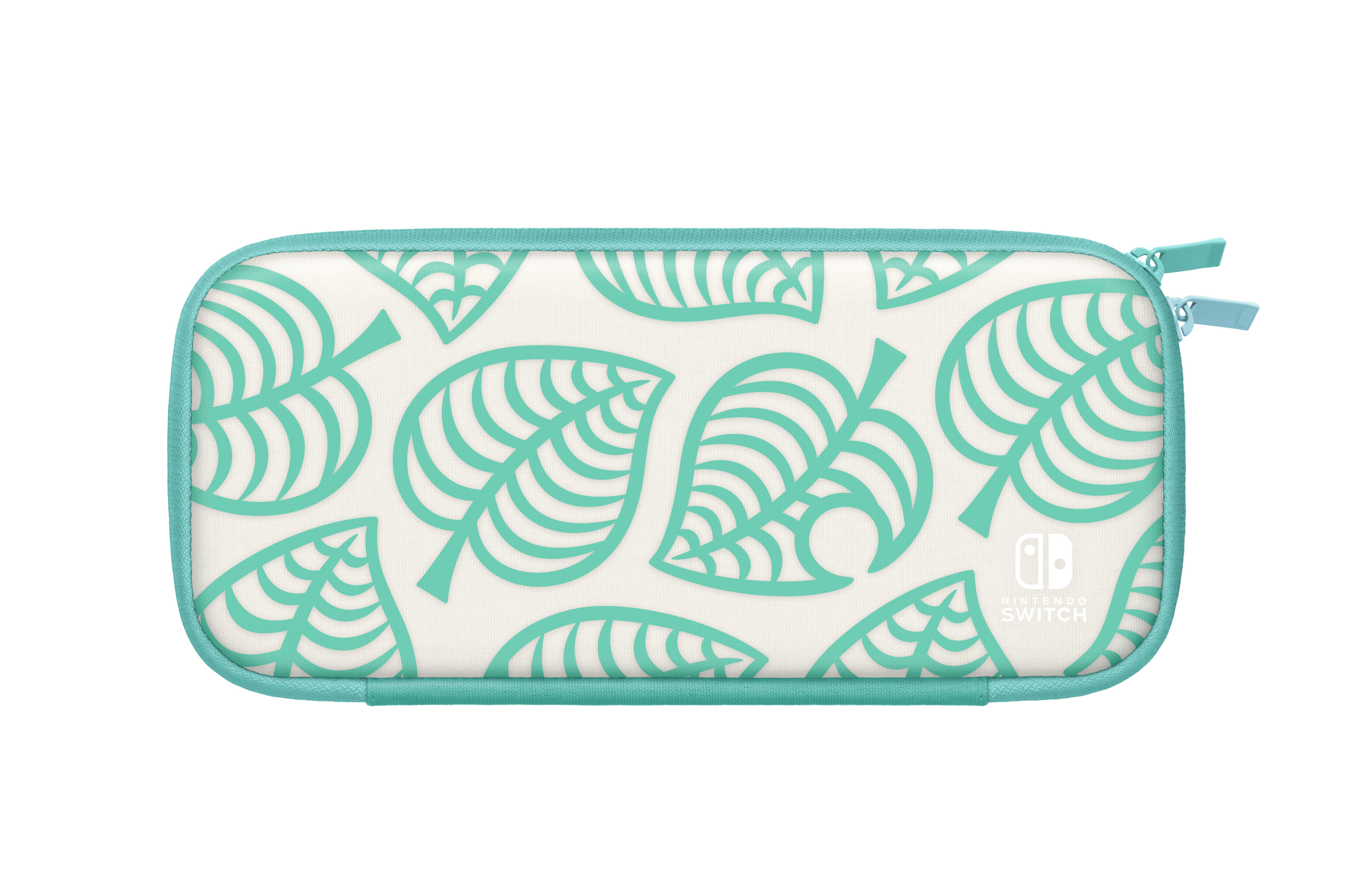 Weißes und türkisfarbenes Nintendo Switch-Etui mit Blättermuster. Das Switch-Logo ist sichtbar.