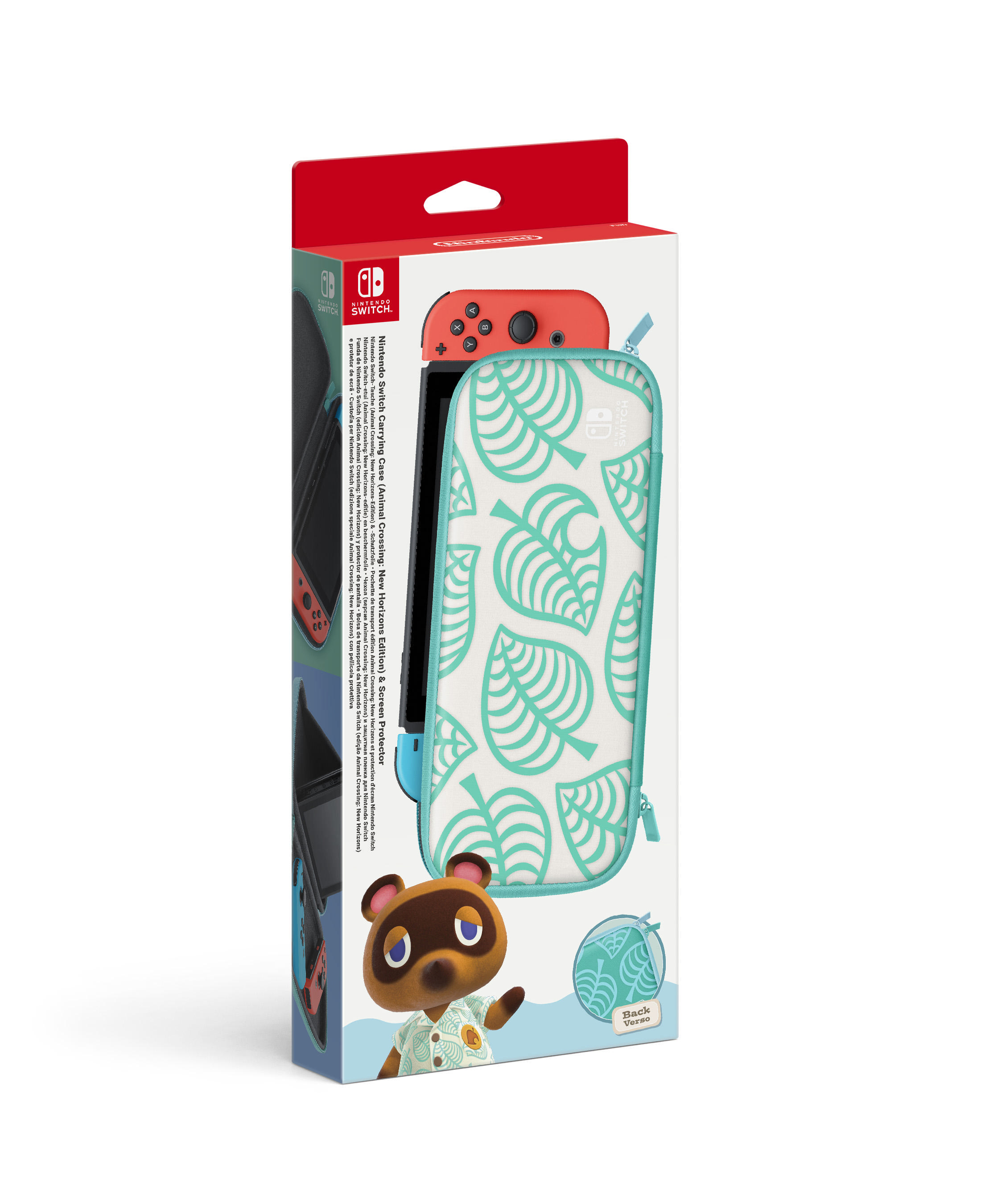 Nintendo Switch-Hülle mit Animal Crossing-Design. Mit Tom Nook und einem Blattmuster.