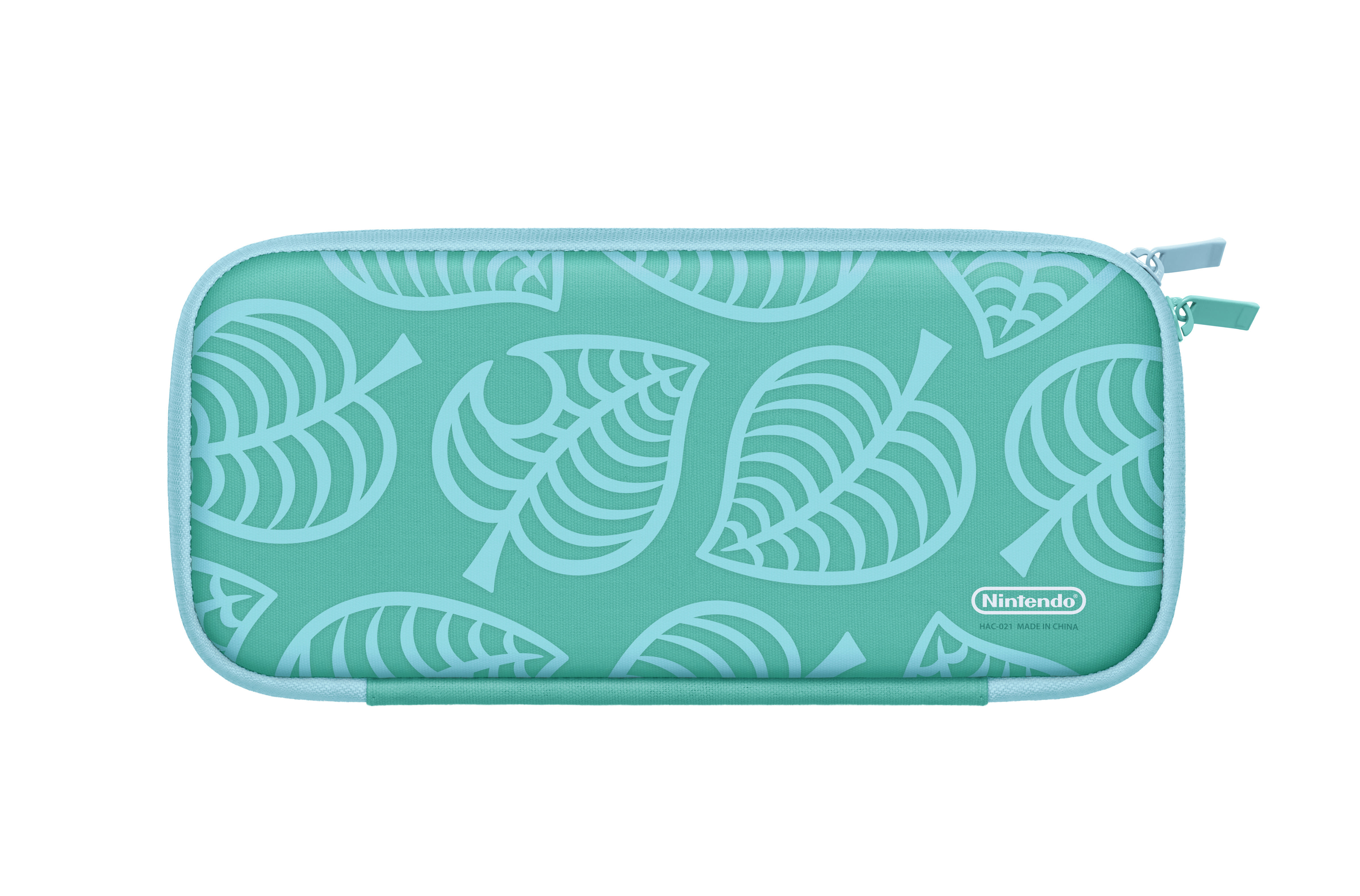Eine türkis- und hellblaue Nintendo Switch-Hülle mit Blättermuster. Die Hülle befindet sich auf weißem Hintergrund.