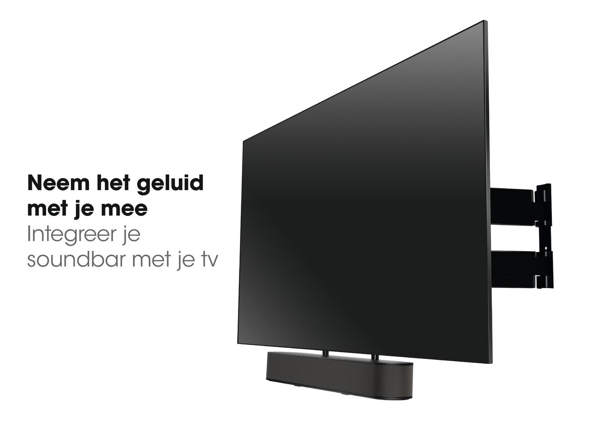 Zwarte tv aan de muur met soundbar. Witte achtergrond.