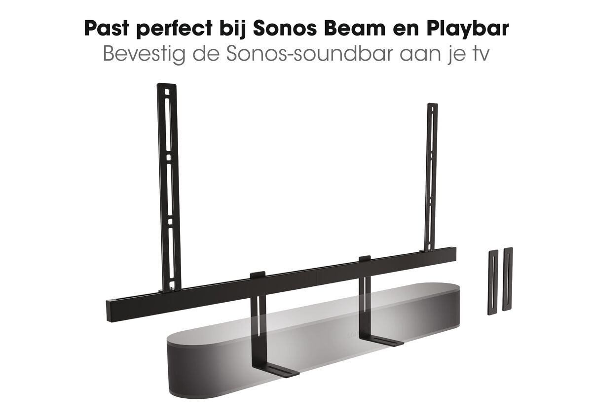 Zwarte Sonos soundbar-montagecomponenten. De houder is ontworpen om de soundbar aan een tv te bevestigen.