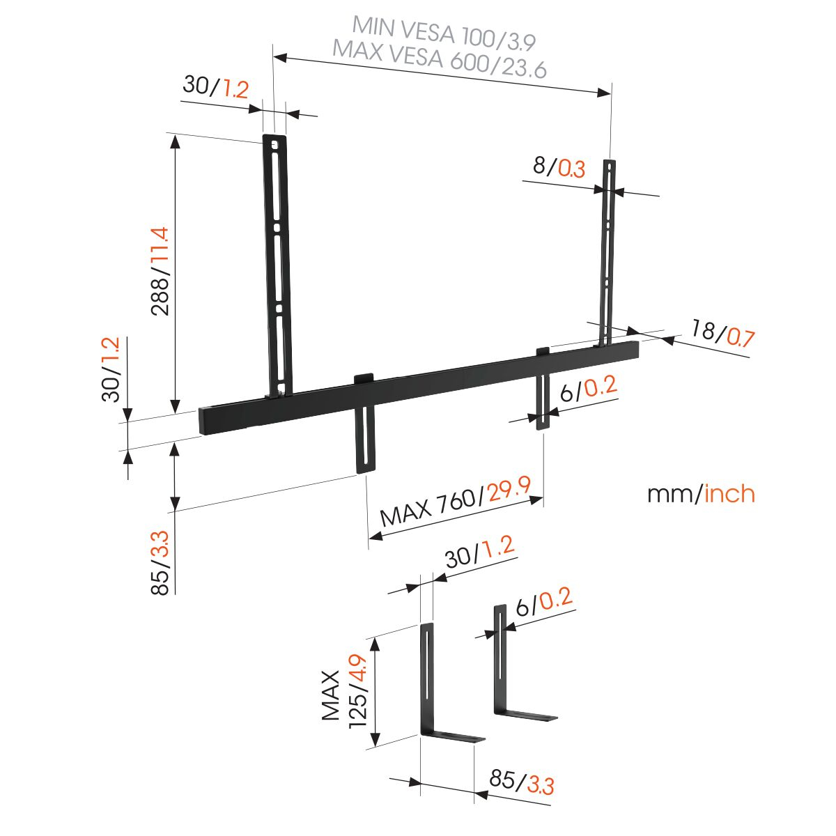 Diagram met afmetingen voor een tv-beugel, met afmetingen in millimeters en inches.