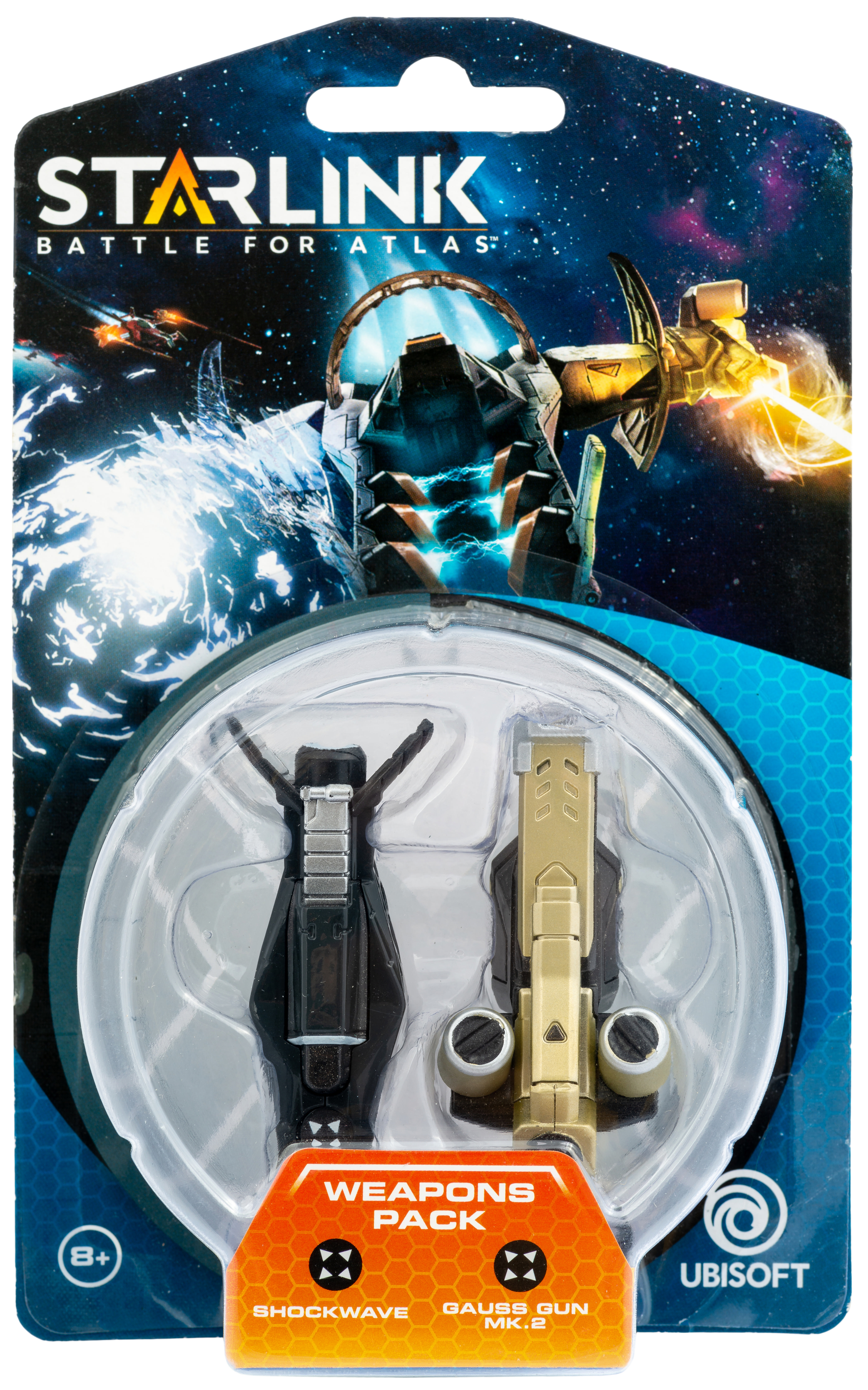 Starlink: Battle for Atlas Spielzeugpackung mit zwei Waffen: Shockwave und Gauss Gun Mk.II.