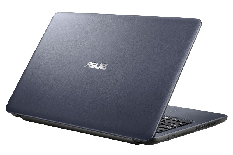 Laptop ASUS azul oscuro. Vista superior, abierto. Tapa azul oscuro. Logo ASUS plateado. Teclado y panel táctil plateados.