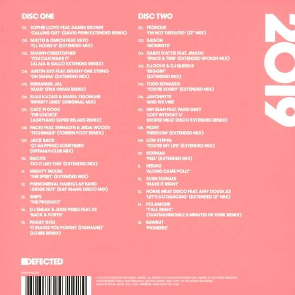 Deux pages d'un album compilation Defected 2019 avec listes des titres.