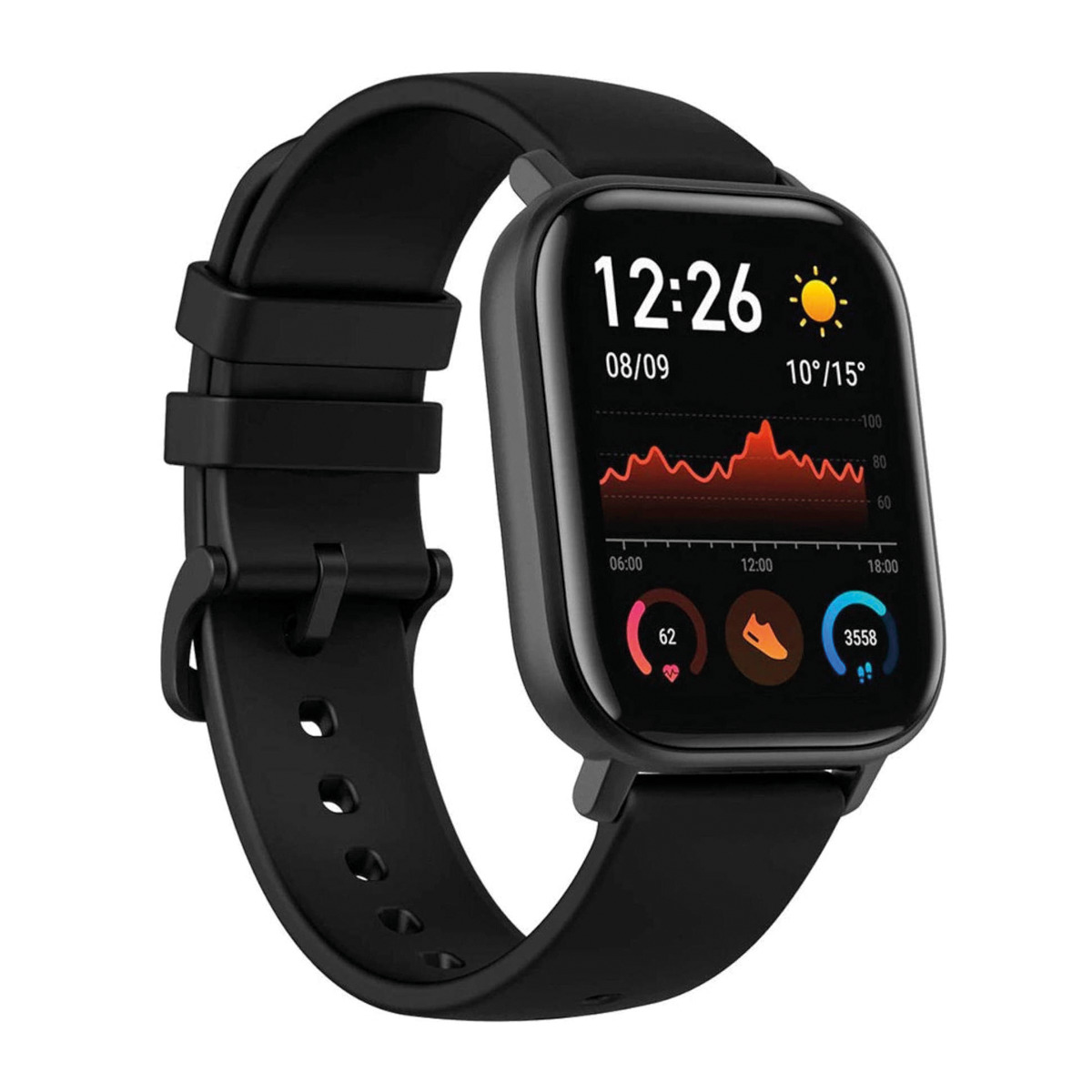 Un reloj inteligente negro con correa negra que muestra la hora, la fecha y métricas de salud.