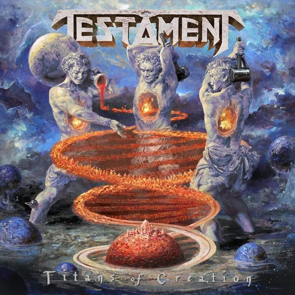 Albumcover: Drei Figuren um einen Feuerring, mit schwebenden Planeten und dem Wort 'TESTAMENT'.
