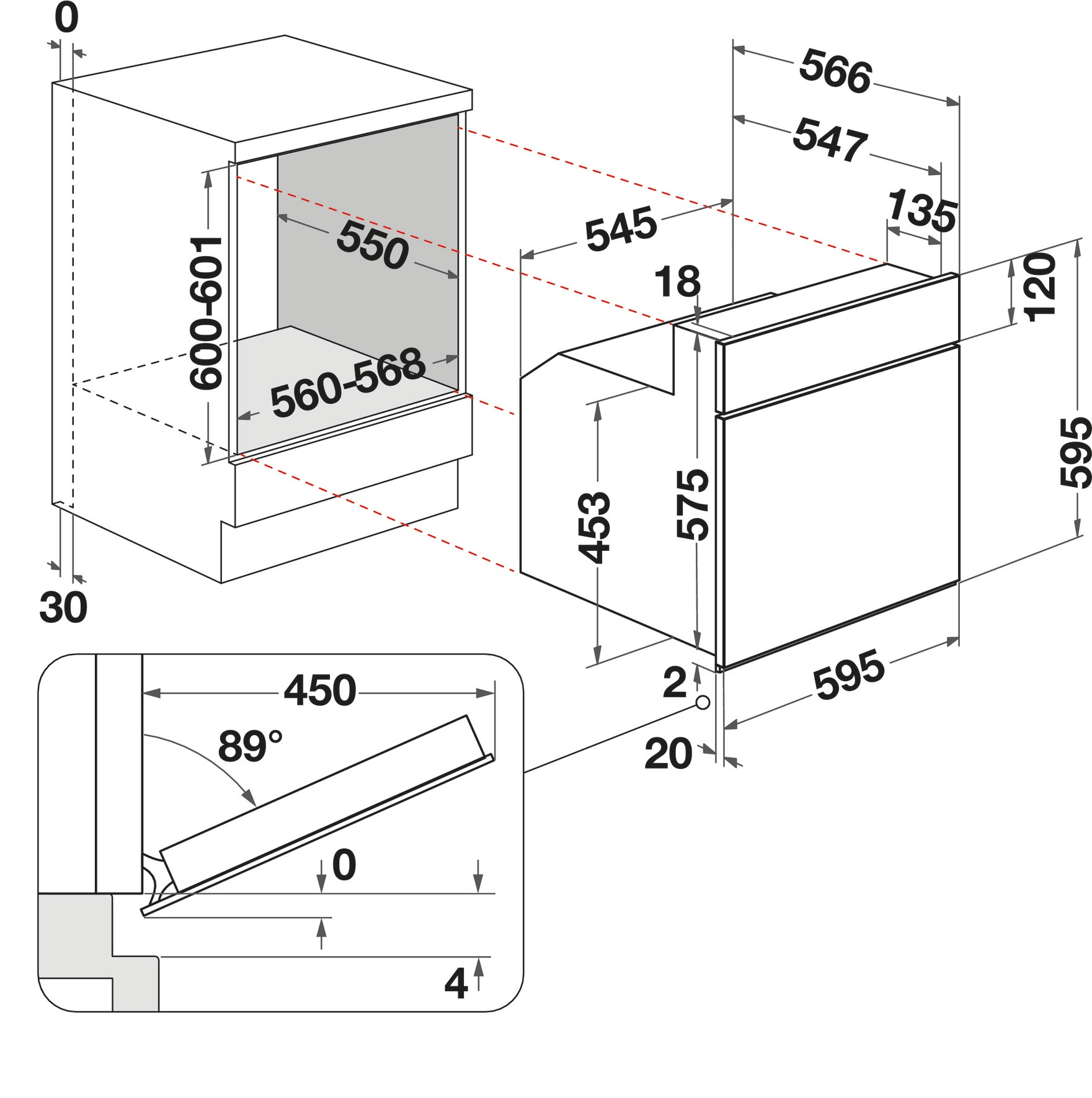 Diagramm eines Einbauofens mit Maßen und einem detaillierten Abschnitt.