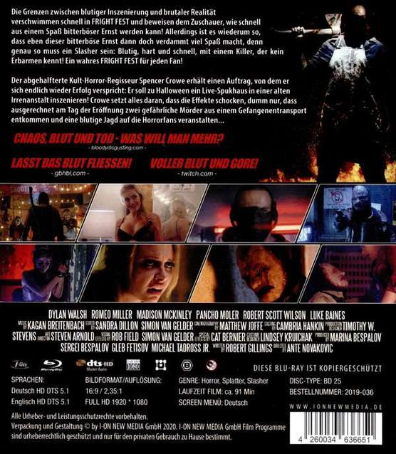 Film-DVD-Cover mit Bildern eines Horrorfilms. Text oben und unten.