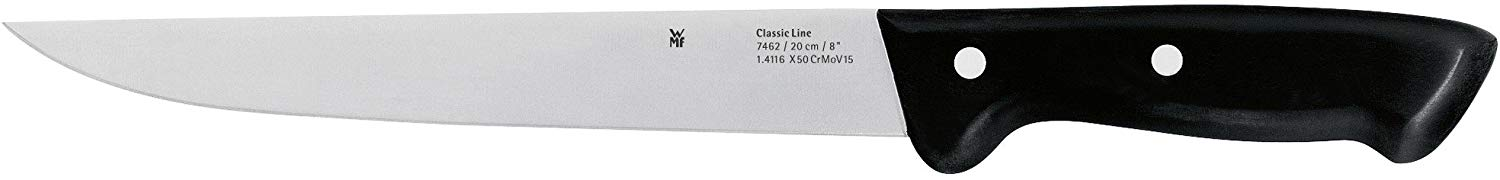 Ein langes, silbernes Messer mit schwarzem Griff. Die Klinge hat den Markennamen darauf.