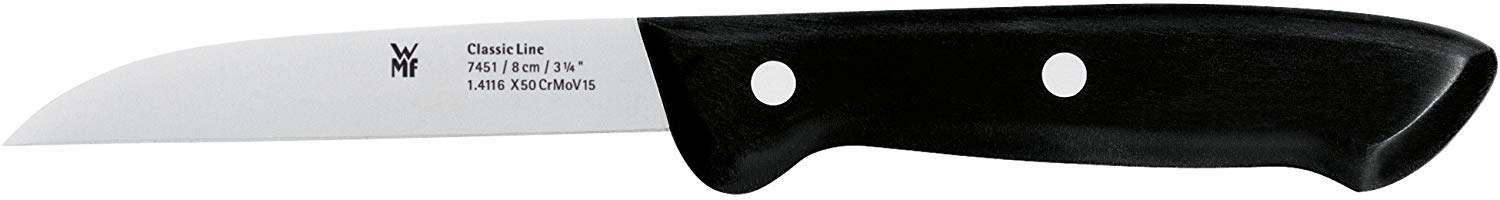 Nahaufnahme eines WMF Classic Line Küchenmessers mit schwarzem Griff.