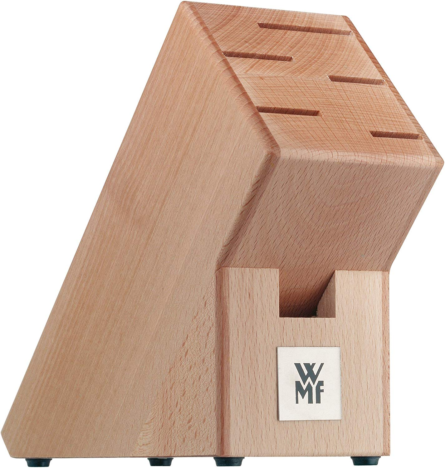 Schräger Messerblock aus Holz, mit Schlitzen für Messer und dem Markenlogo auf der Vorderseite.