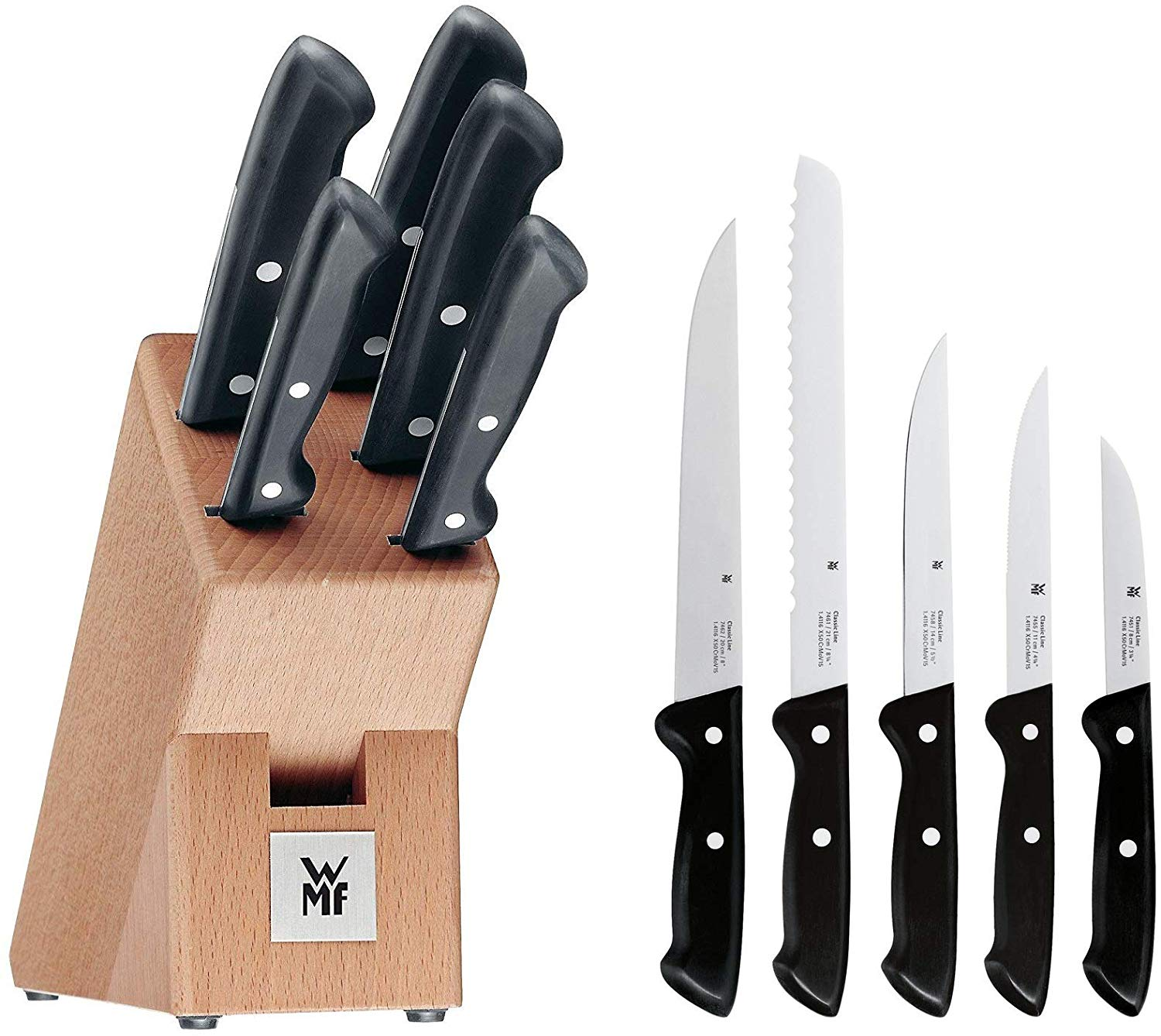 Ein Holz-Messerblock mit sechs Messern mit schwarzem Griff. Messer auf weißer Fläche.