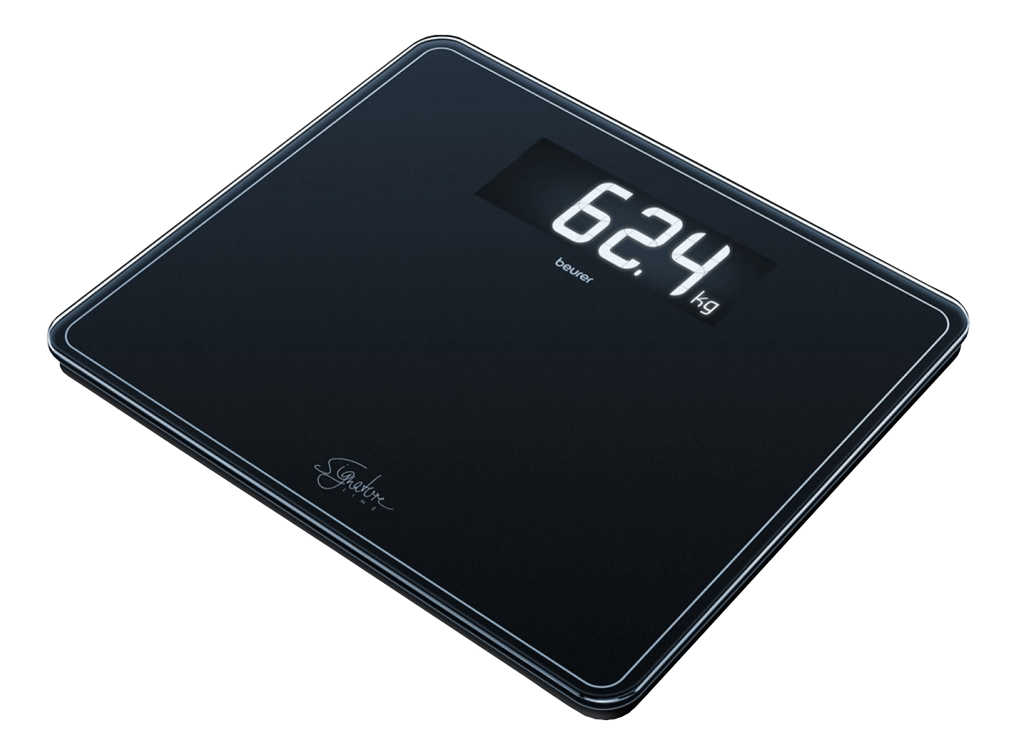Schwarze Digitalwaage, zeigt 62,4 kg. Die Waage hat eine glänzende Oberfläche und ein Logo unten links.