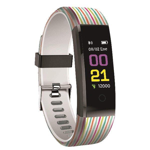 Pulsera de actividad - Muvit iO Health Pop, Pulsómetro, Bluetooth, GPS, Notificaciones, Rayas, Multicolor