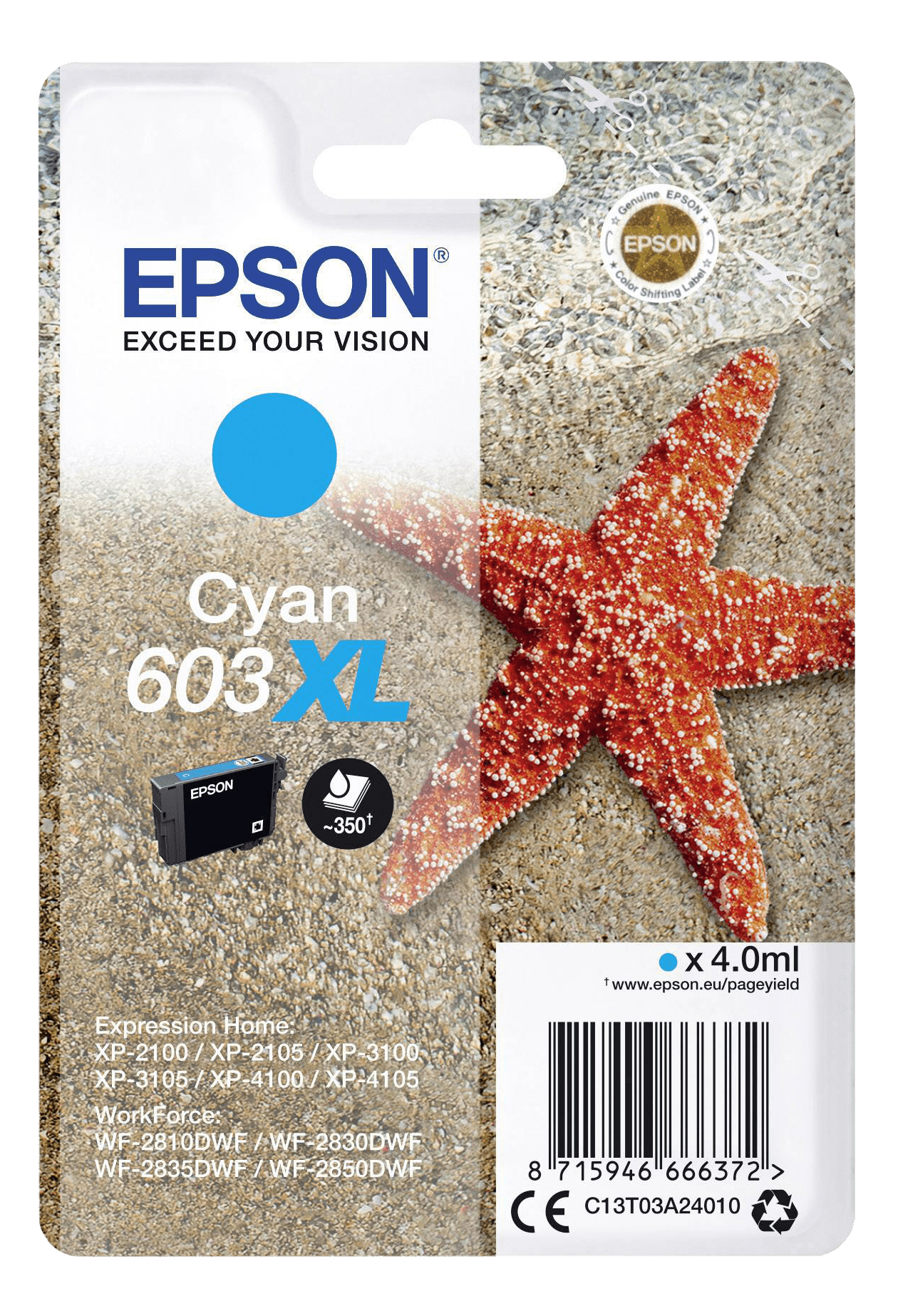 Emballage de cartouche d'encre Epson Cyan. Avec étoile de mer sur sable. Texte: 'Cyan 603 XL'.