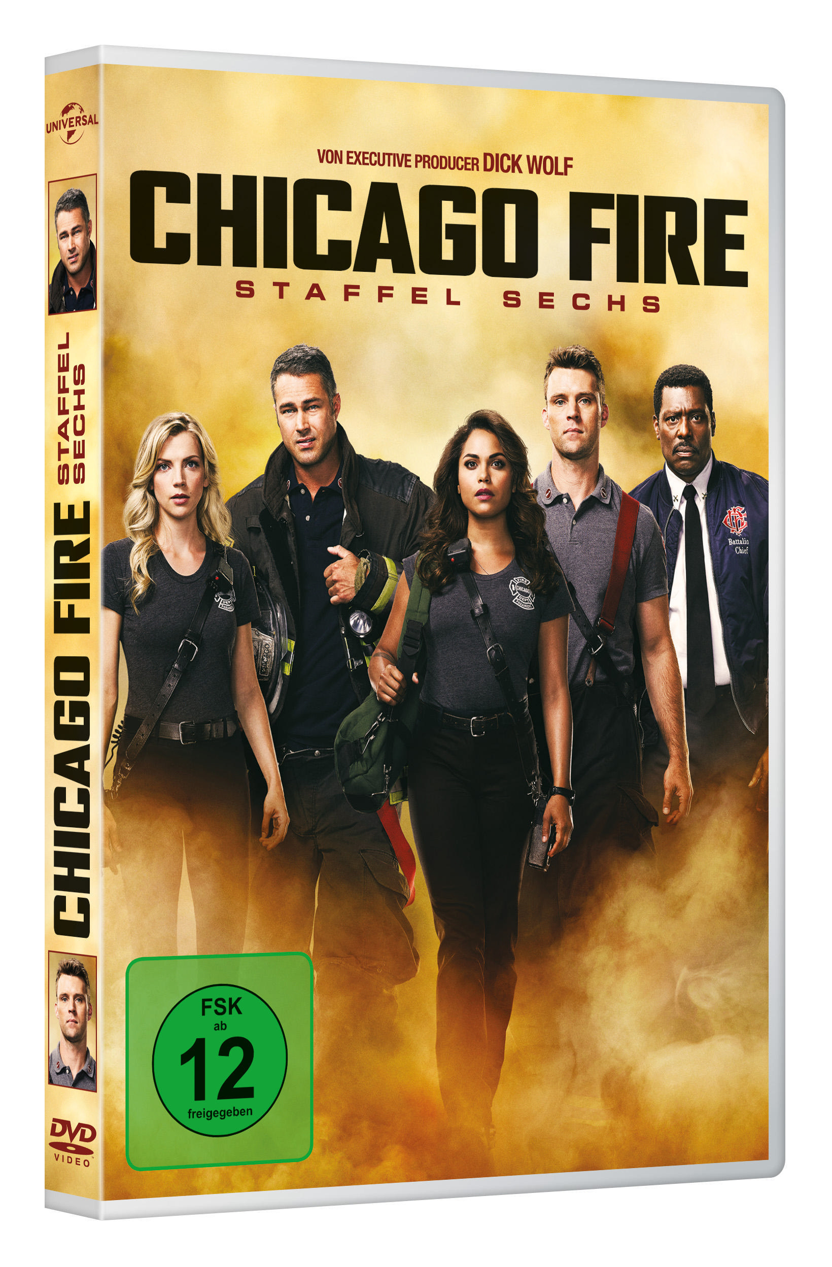 DVD-Box für die Serie Chicago Fire. Es zeigt Schauspieler mit dem Titel und dem FSK 12-Logo.
