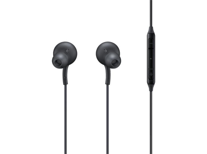 Une paire d'écouteurs intra-auriculaires noirs avec un module de contrôle.