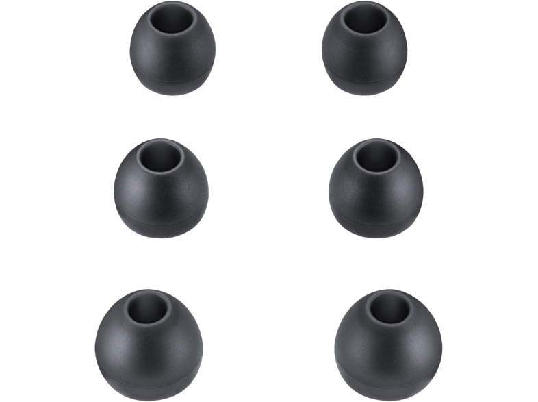 Six embouts d'écouteurs noirs sur fond noir.