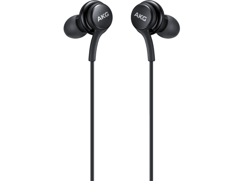 Écouteurs intra-auriculaires AKG noirs avec les fils qui pendent.