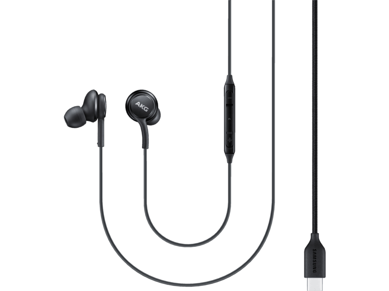 Écouteurs AKG noirs avec panneau de commande et câble USB-C sur fond noir.