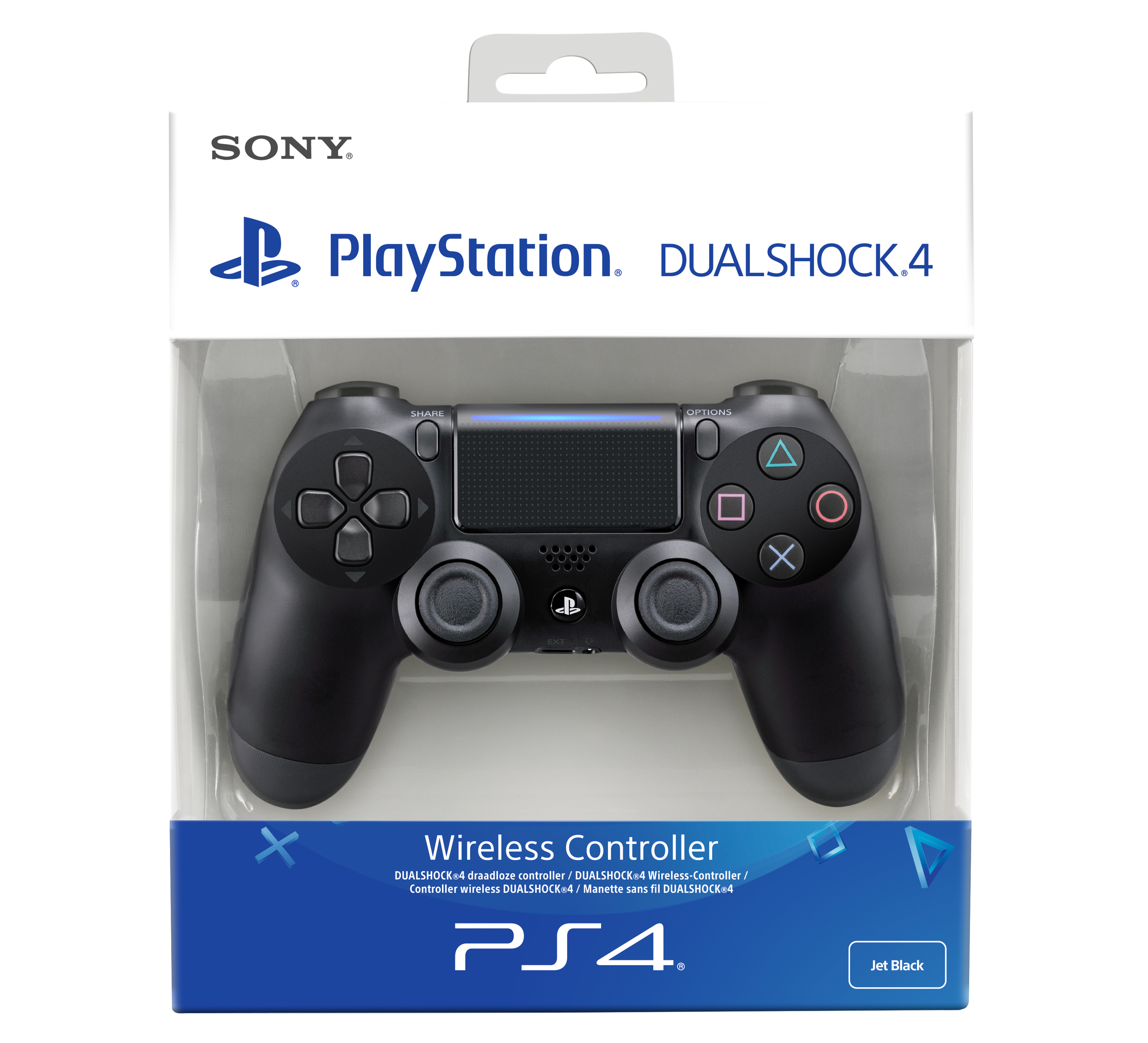 Ein schwarzer PlayStation 4-Controller in seiner Verpackung. Die Schachtel ist blau mit weißem Text.