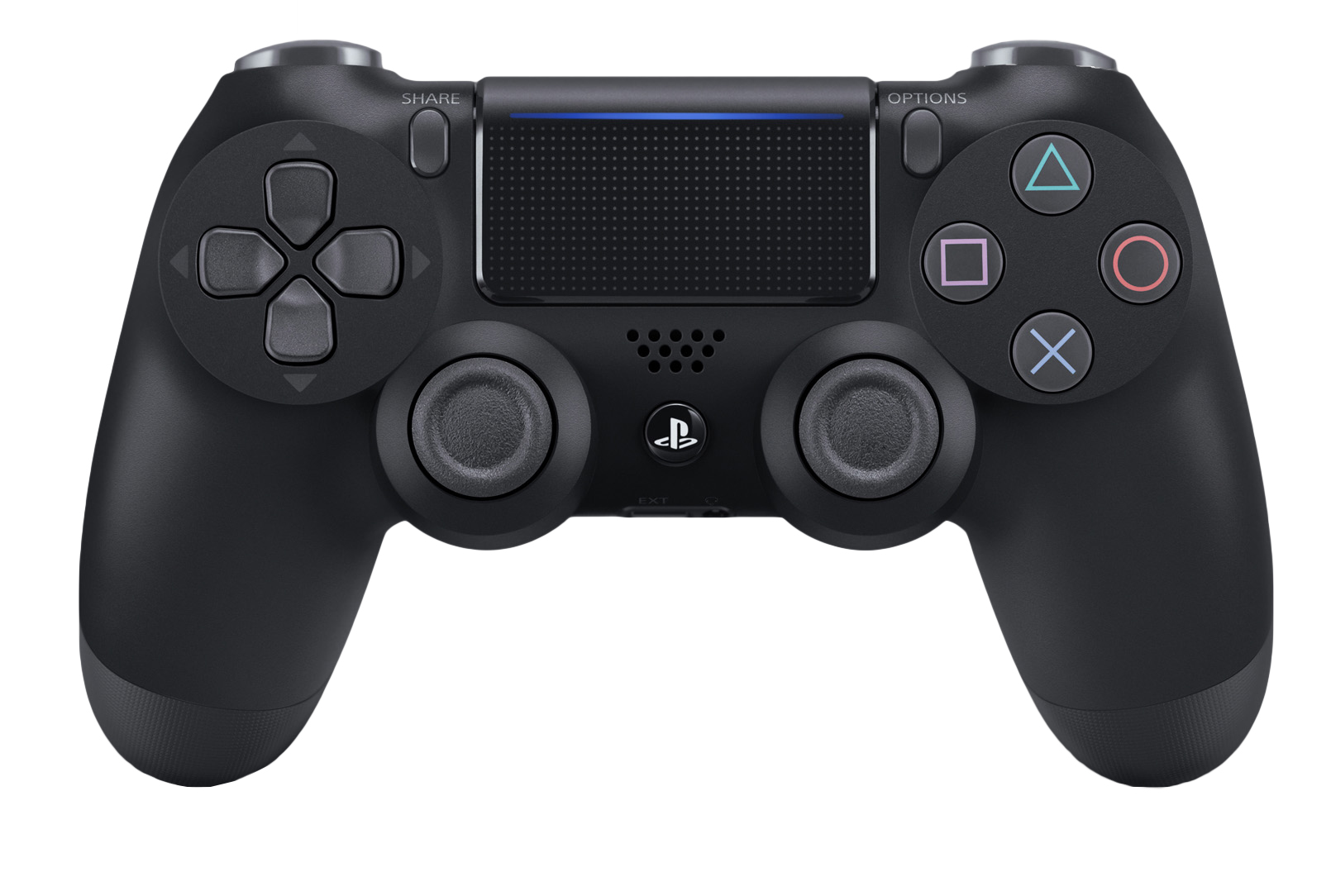 Schwarzer PlayStation 4-Controller, Tasten, Joysticks und Touchpad.