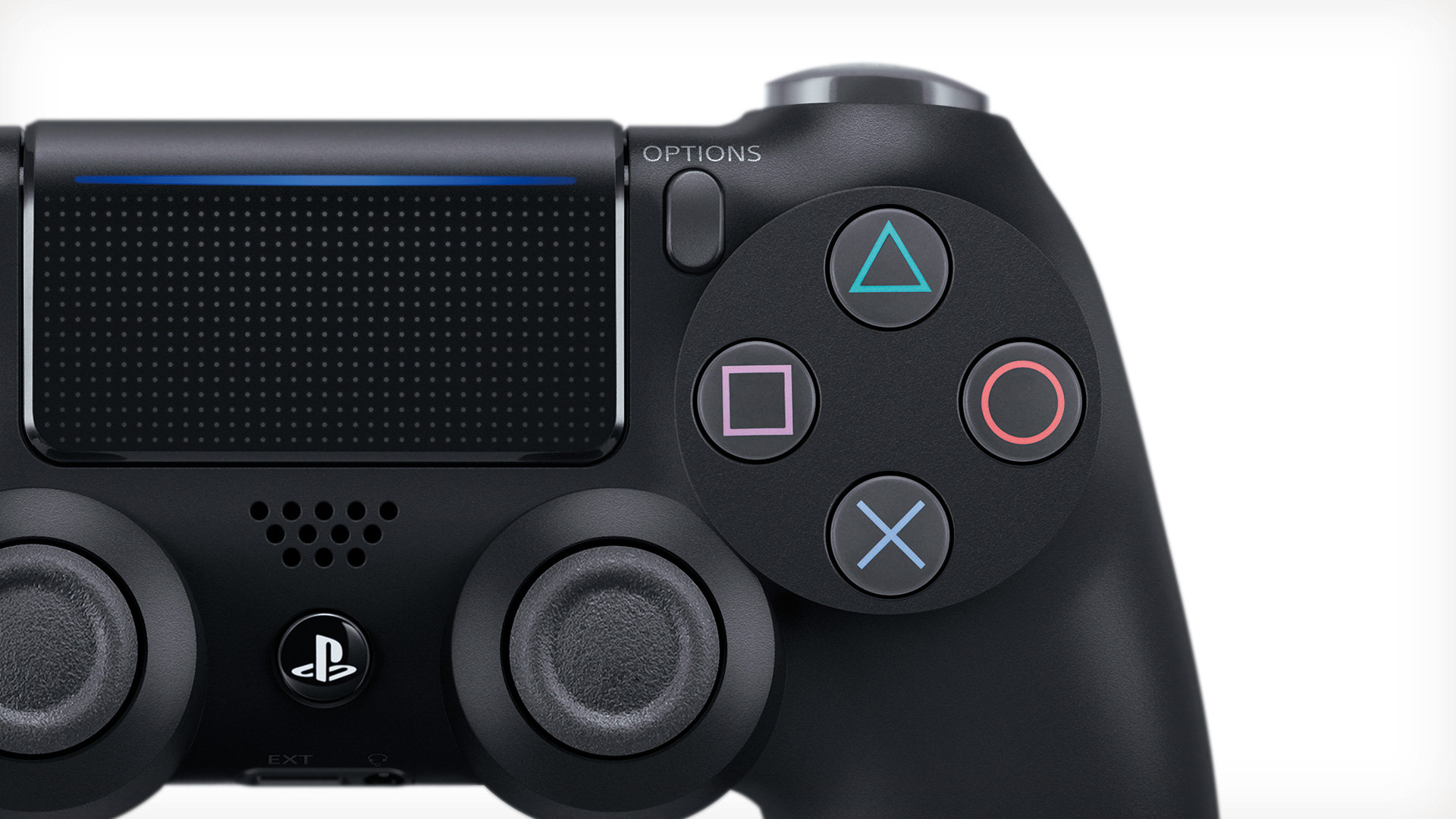 Nahaufnahme eines schwarzen PlayStation 4-Controllers. Zu den Tasten gehören Dreieck, Kreis, Quadrat und Kreuz.