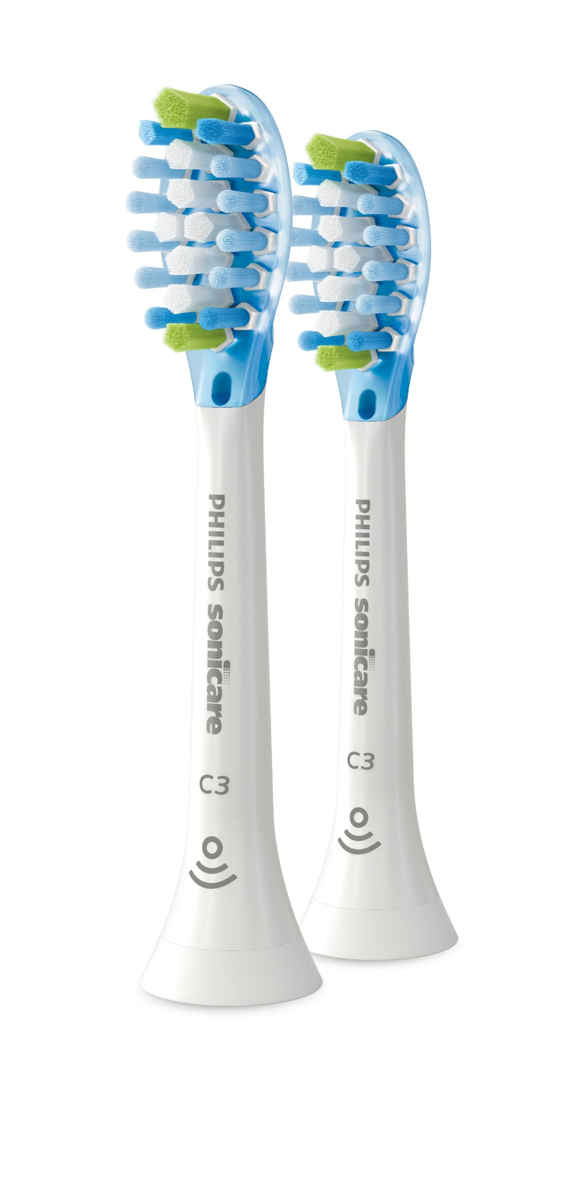 Twee witte en blauwe Philips Sonicare tandenborstelkoppen. De borstels hebben blauwe en groene borstelharen.